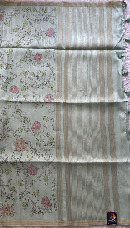 Semi Tussar Saree Colored Light Sea Blue Complemented with a Zari Border. - Sampradaya Designer Studio