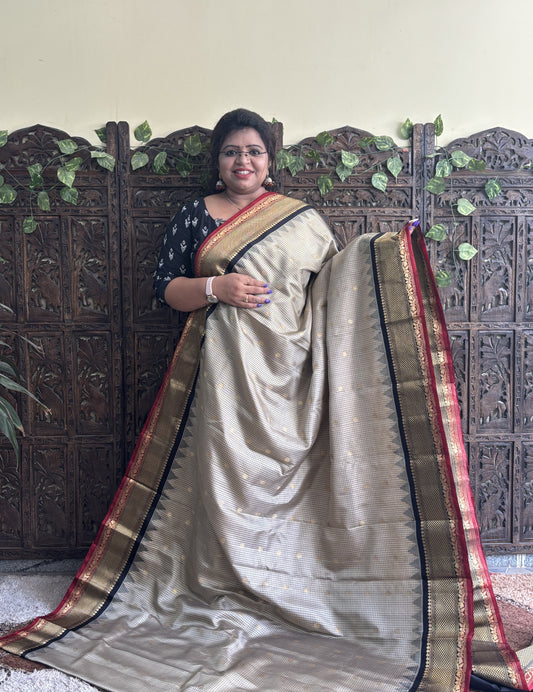 Gadwal Silk Saree Wheat Colored Complemented With a Black Zari Border - Sampradaya Designer Studio