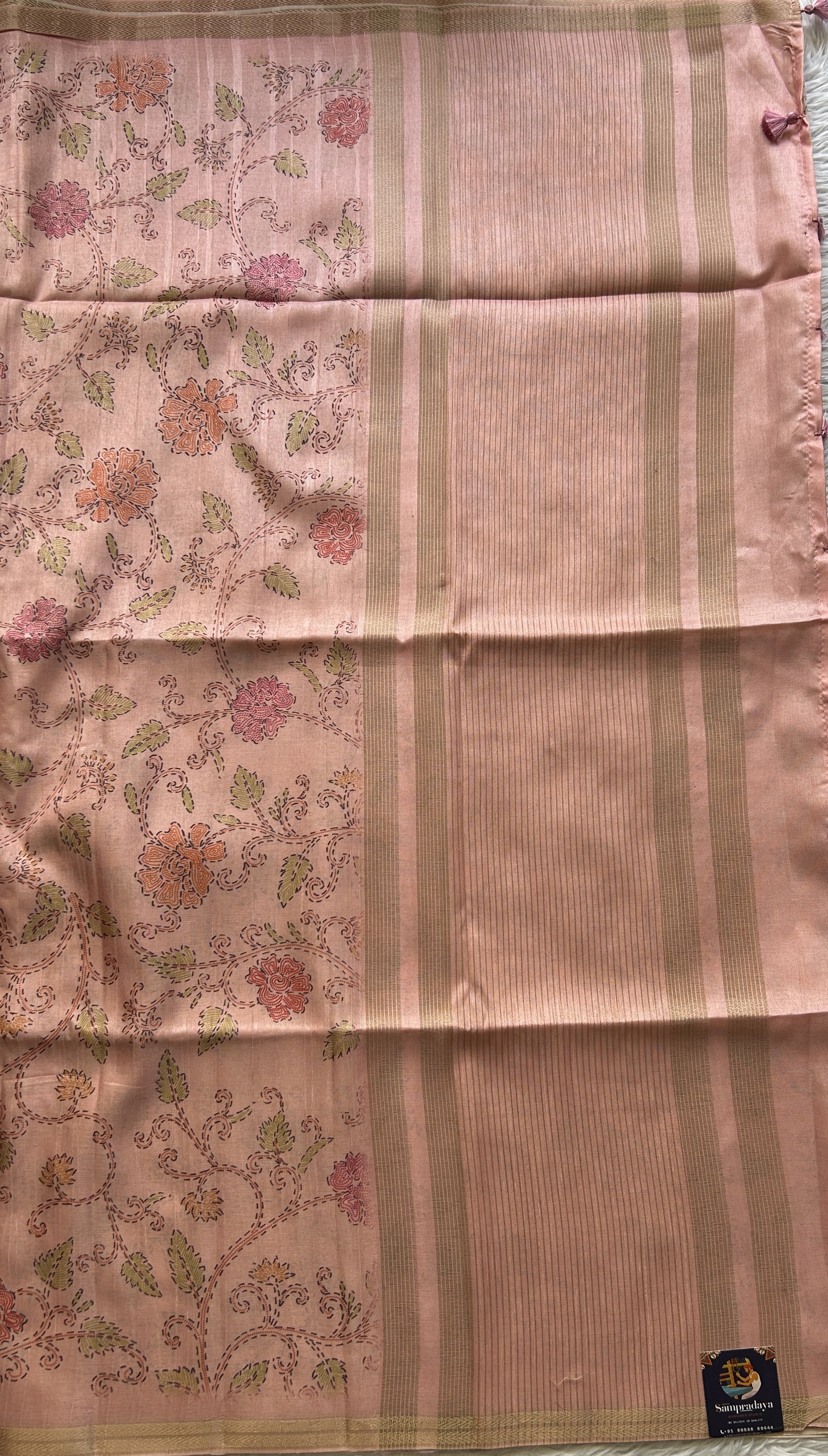 Semi Tussar Saree Colored Light Pink Complemented with a Zari Border. - Sampradaya Designer Studio