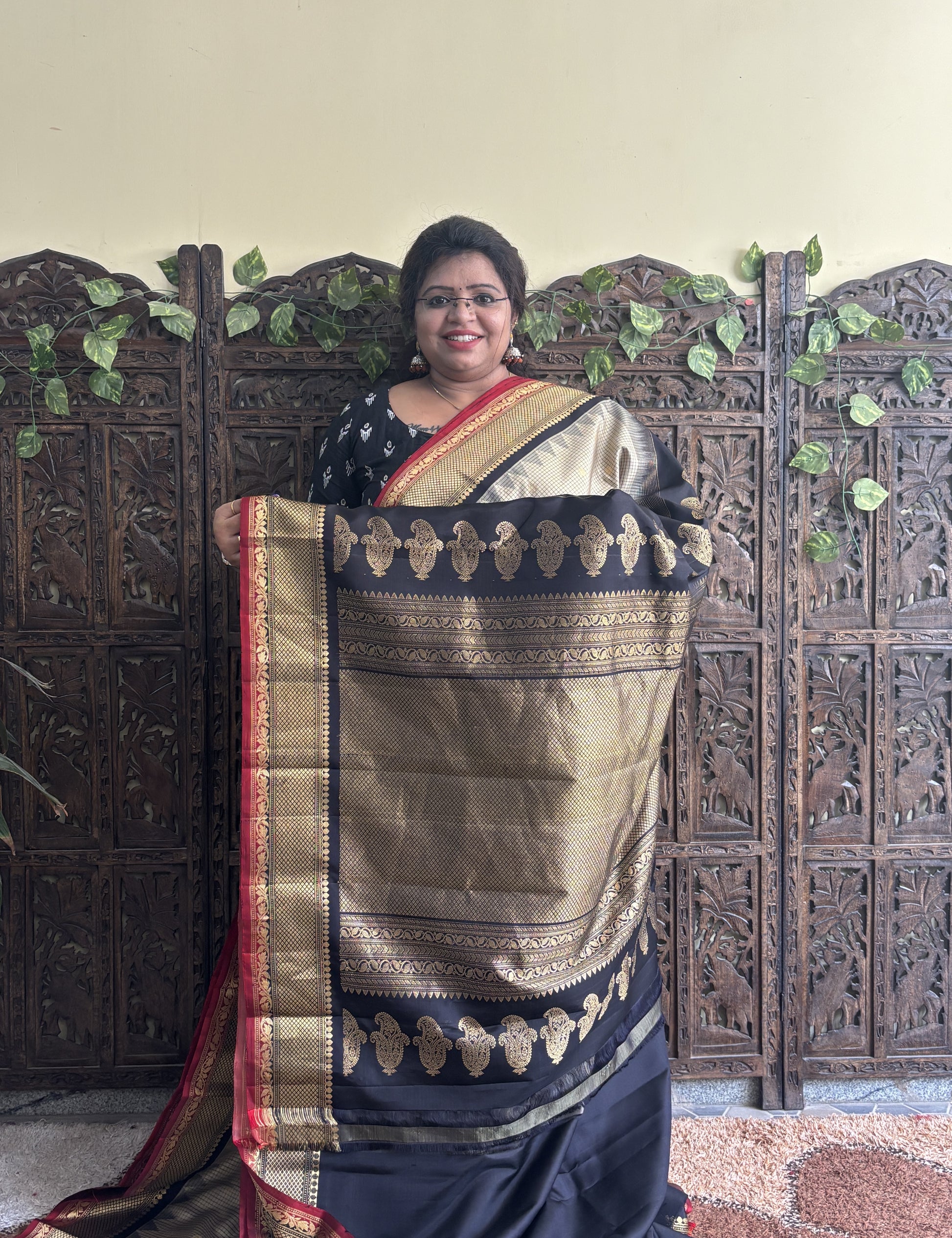 Gadwal Silk Saree Wheat Colored Complemented With a Black Zari Border - Sampradaya Designer Studio