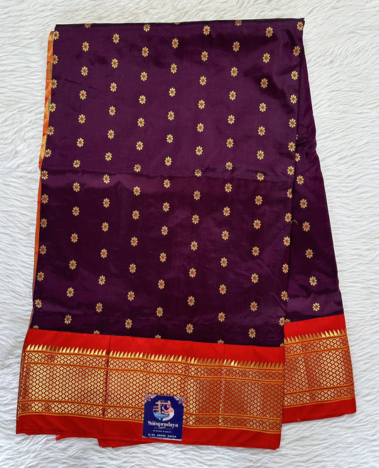 Paithani Silk Saree Dark Purple Colored Complemented With a Red Colored Irkal Border - Sampradaya Designer Studio