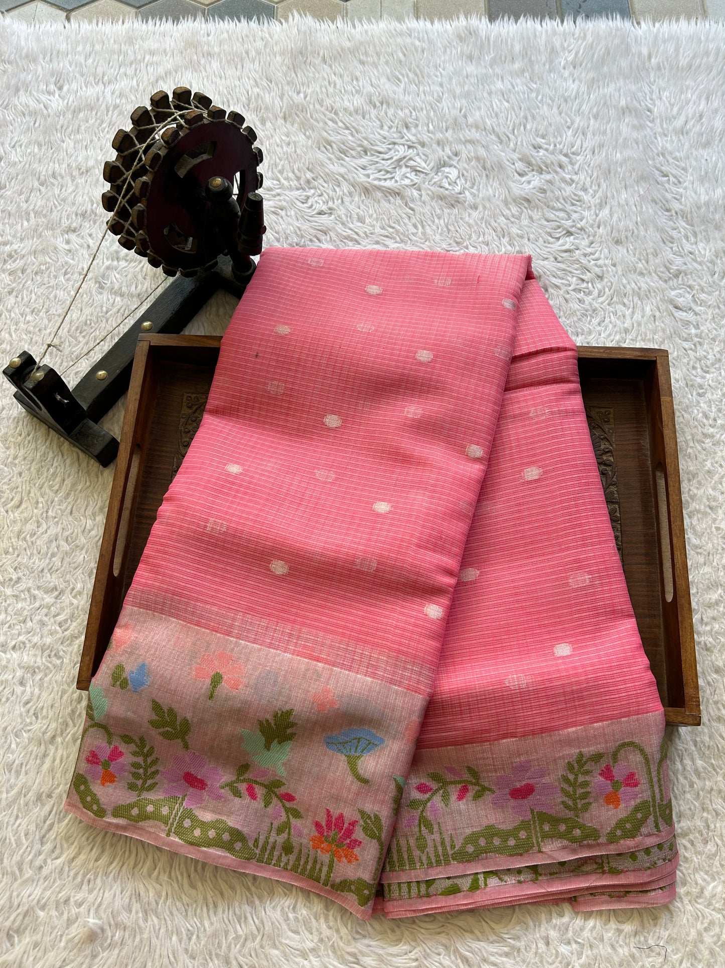 Silk Kota Saree Dark Hot Pink Colored Elegantly Paired with a Tissue Border