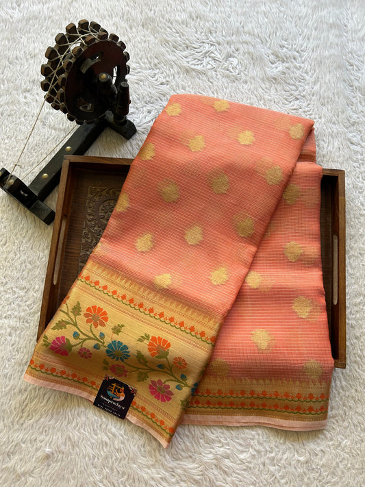 Tissue Kota Saree Dark Peach Colored Elegantly Paired with a Tissue Border