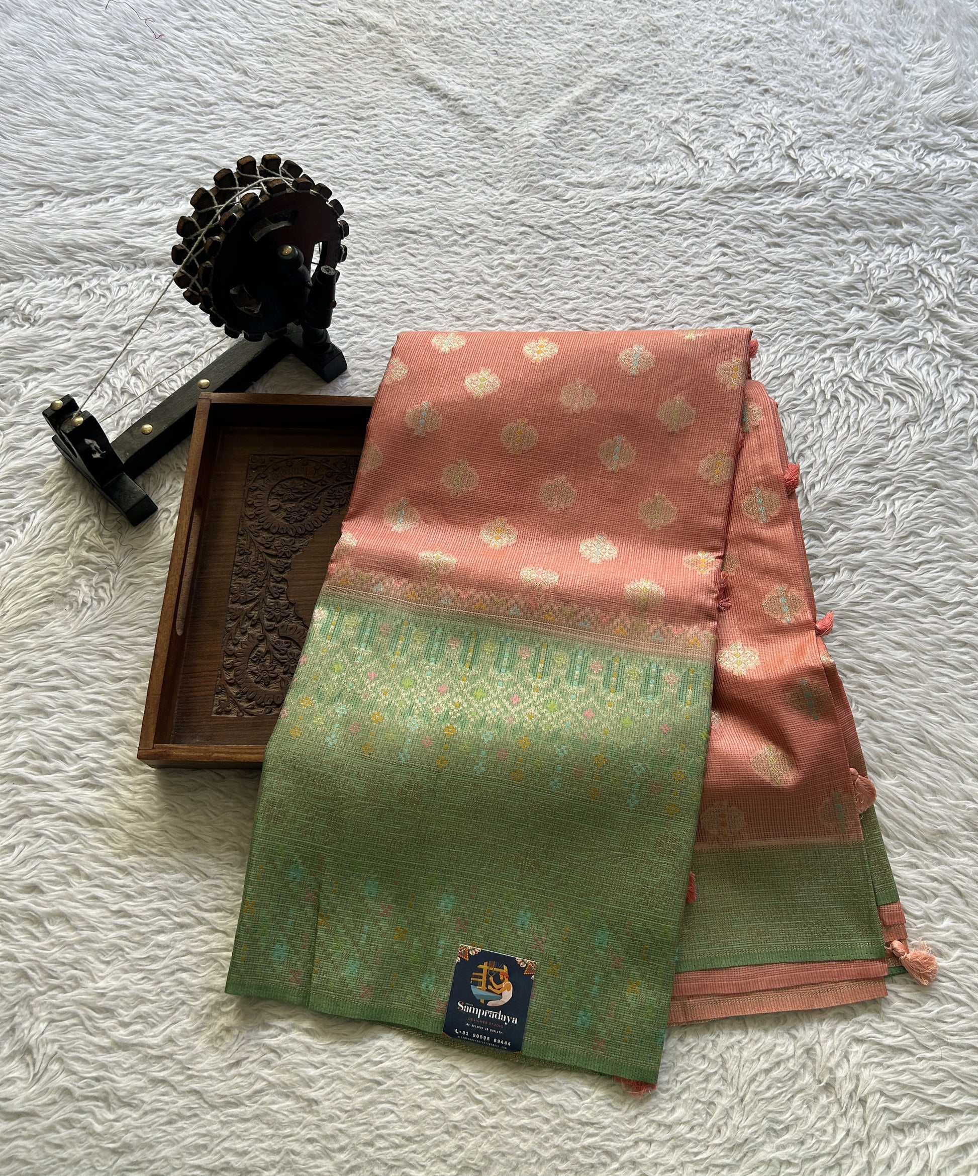 Silk kota Saree Peach colored Elegantly Paired with a Zari Border. - Sampradaya Designer Studio