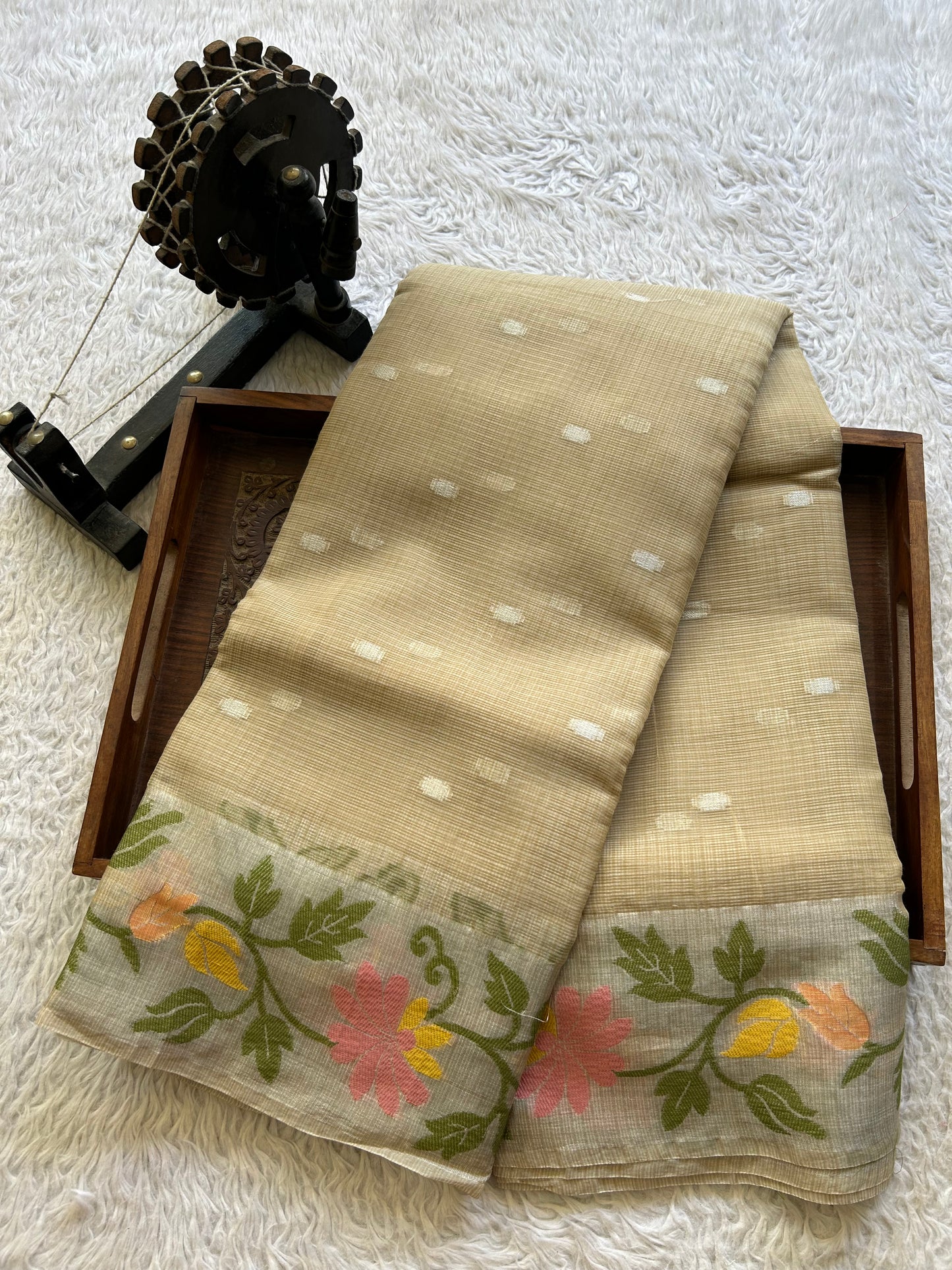 Silk Kota Saree Cream Colored Elegantly Paired with a Tissue Border