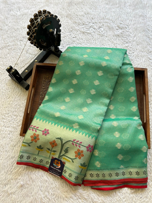 Tissue Kota Saree Teal Blue Colored Elegantly Paired with a Tissue Border
