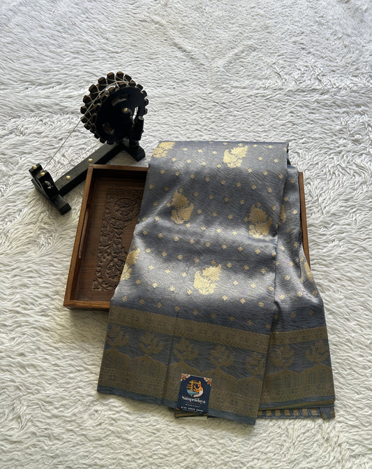 Tissue Organza Saree Dark Gray Colored Complemented with a Zari Border. - Sampradaya Designer Studio