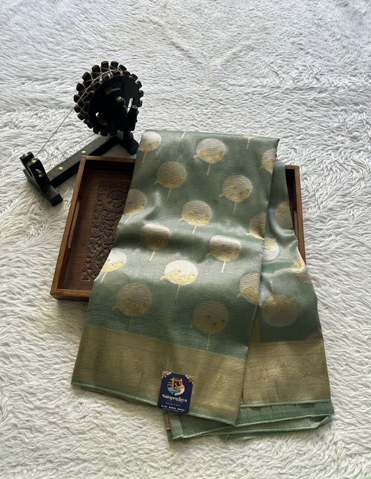 Tissue Organza Saree Sea Green Colored Complemented with a Zari Border. - Sampradaya Designer Studio