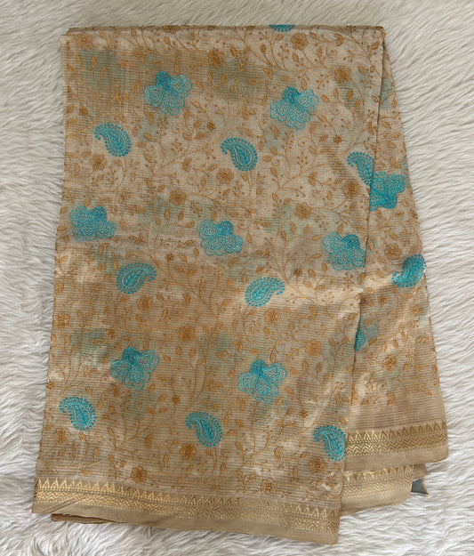 Mangalagiri Chikankari Saree Cream colored Saree complemented with a Mangalagiri Border. - Sampradaya Designer Studio