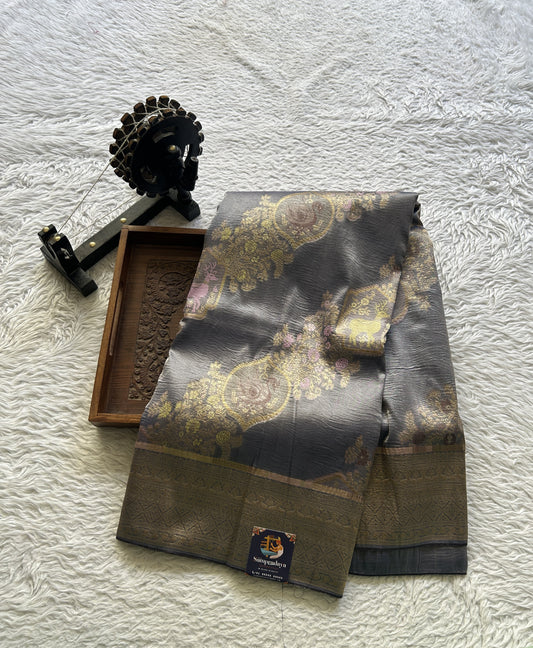 Tissue Organza Saree Grayish Blue Colored Complemented with a Zari Border. - Sampradaya Designer Studio