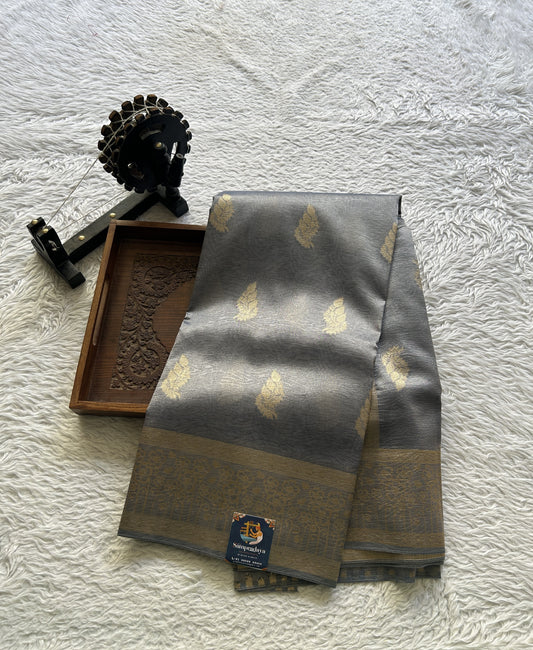 Tissue Organza Saree Stone Blue Colored Complemented with a Zari Border. - Sampradaya Designer Studio