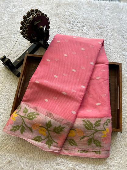 Silk Kota Saree Light Hot Pink Colored Elegantly Paired with a Tissue Border