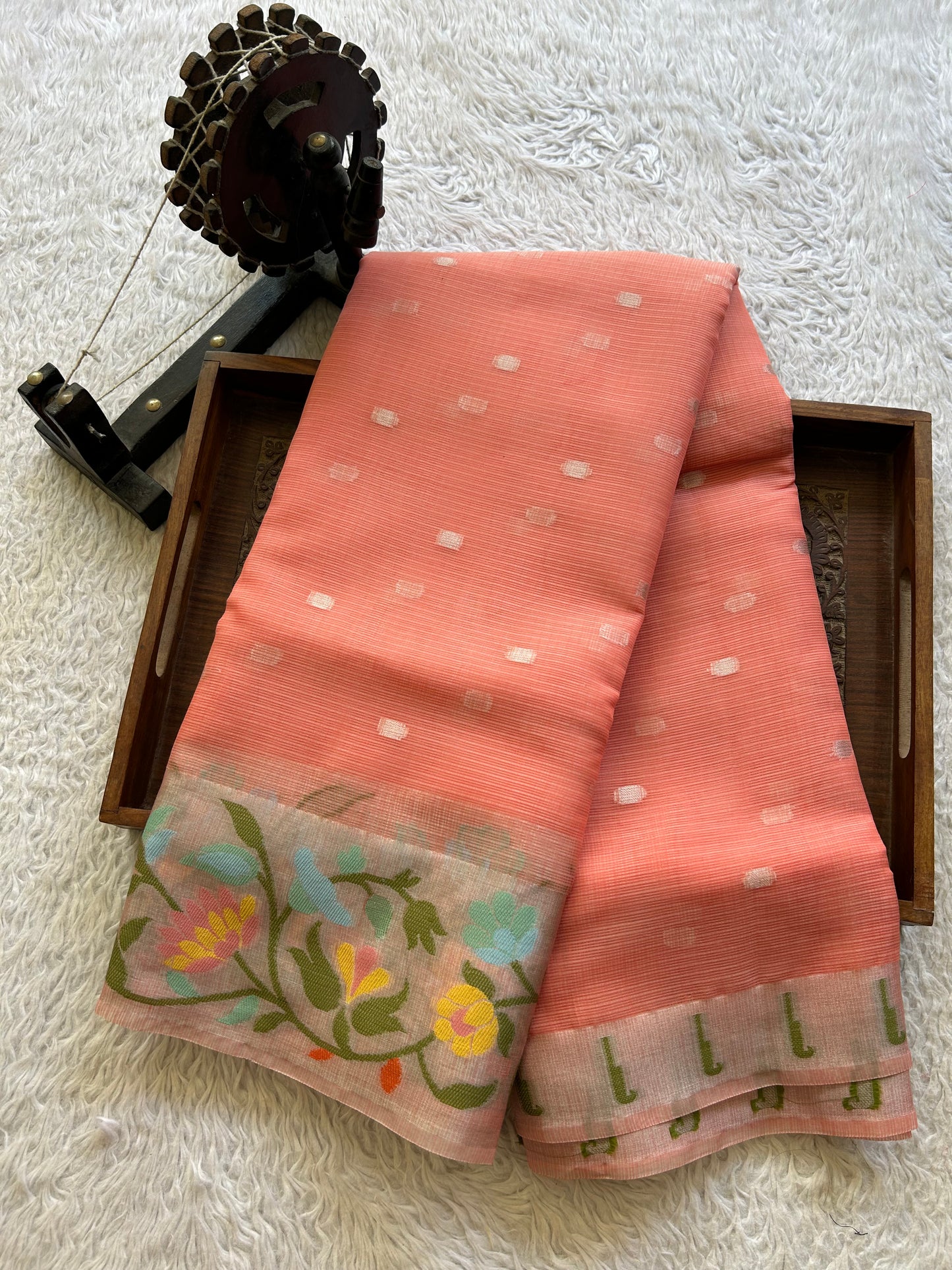 Silk Kota Saree Light Peach Colored Elegantly Paired with a Tissue Border