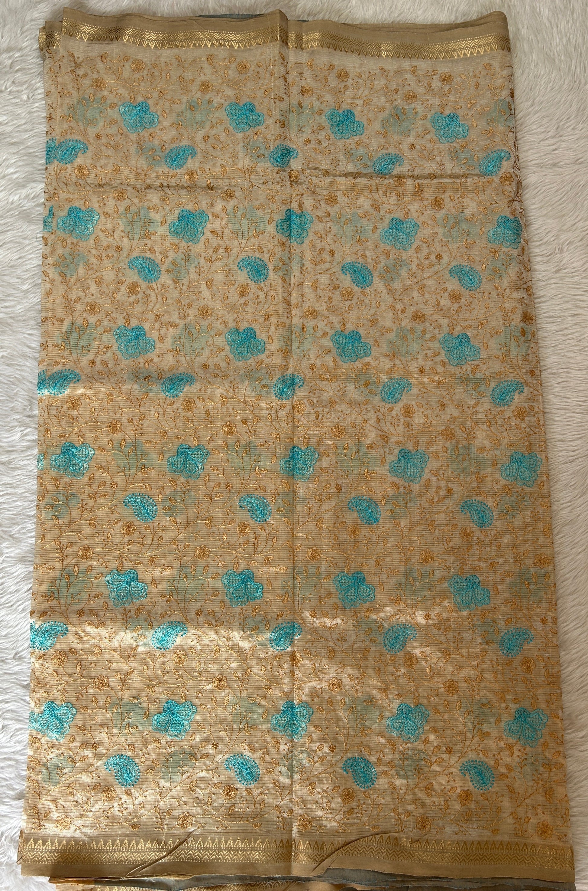 Mangalagiri Chikankari Saree Cream colored Saree complemented with a Mangalagiri Border. - Sampradaya Designer Studio