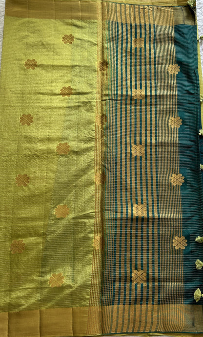 Semi Tussar Saree Olive Green Colored Complemented with a Zari Border. - Sampradaya Designer Studio
