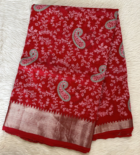 Mangalagiri Chikankari Saree Red colored Saree complemented with a Mangalagiri Border. - Sampradaya Designer Studio