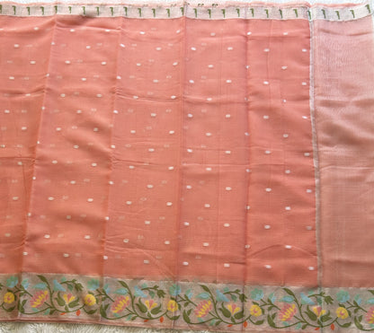 Silk Kota Saree Light Peach Colored Elegantly Paired with a Tissue Border
