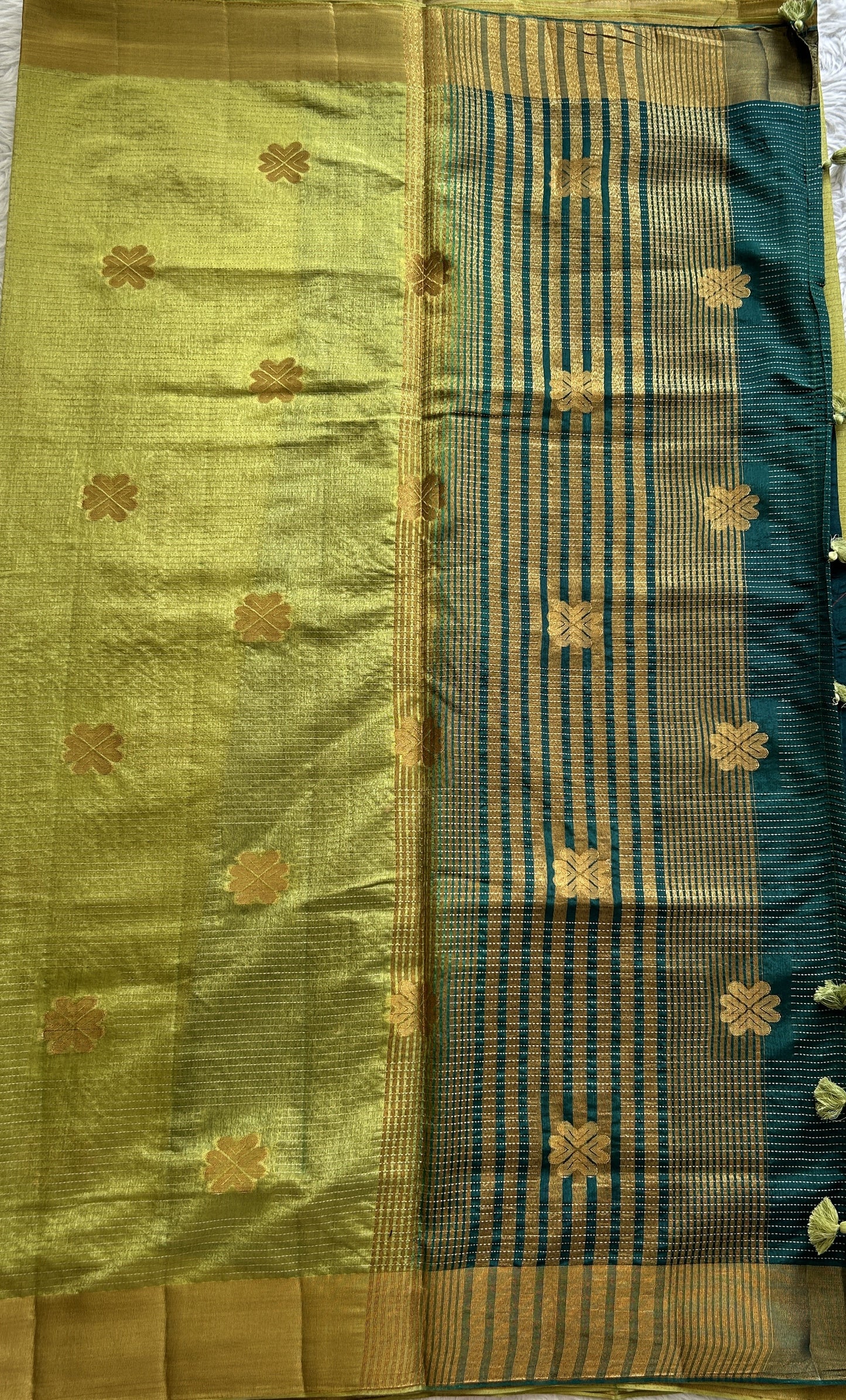 Semi Tussar Saree Olive Green Colored Complemented with a Zari Border. - Sampradaya Designer Studio