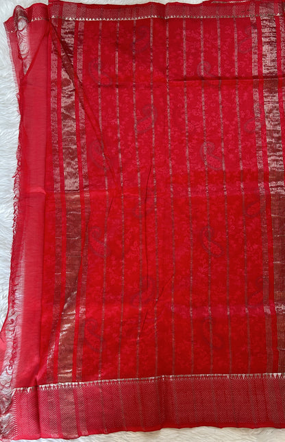 Mangalagiri Chikankari Saree Red colored Saree complemented with a Mangalagiri Border. - Sampradaya Designer Studio