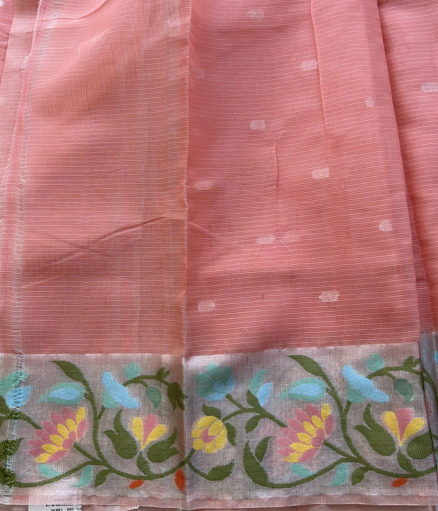 Silk Kota Saree Light Peach Colored Elegantly Paired with a Tissue Border