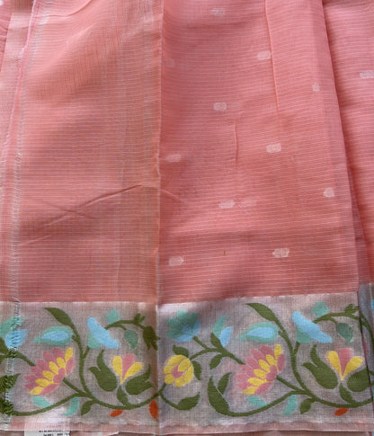 Silk Kota Saree Light Peach Colored Elegantly Paired with a Tissue Border