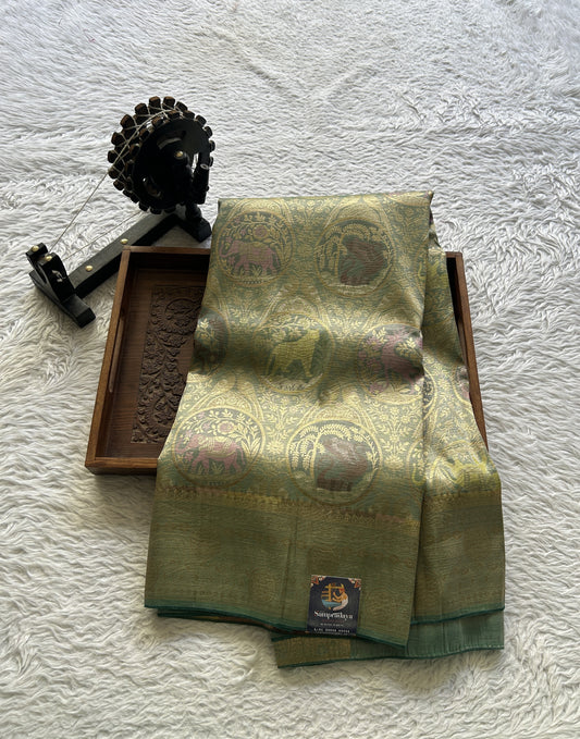 Tissue Organza Allover Saree Sea Green Colored Complemented with a Zari Border. - Sampradaya Designer Studio