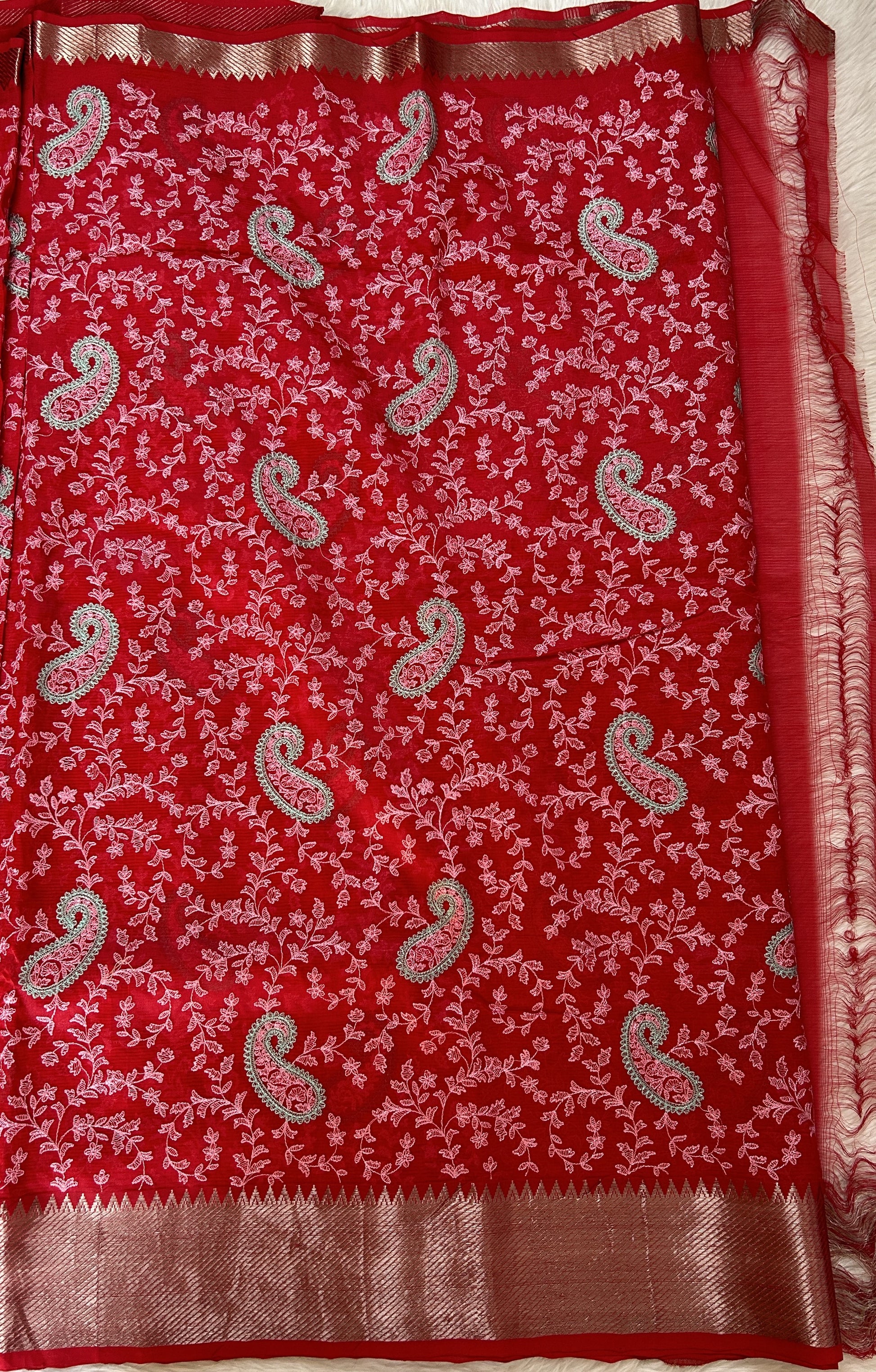 Mangalagiri Chikankari Saree Red colored Saree complemented with a Mangalagiri Border. - Sampradaya Designer Studio