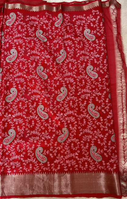 Mangalagiri Chikankari Saree Red colored Saree complemented with a Mangalagiri Border. - Sampradaya Designer Studio