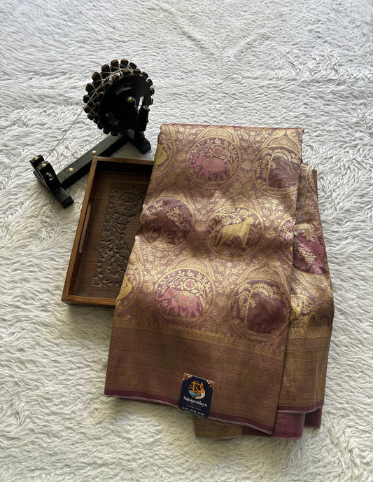 Tissue Organza Allover Saree Onion Pink Colored Complemented with a Zari Border. - Sampradaya Designer Studio