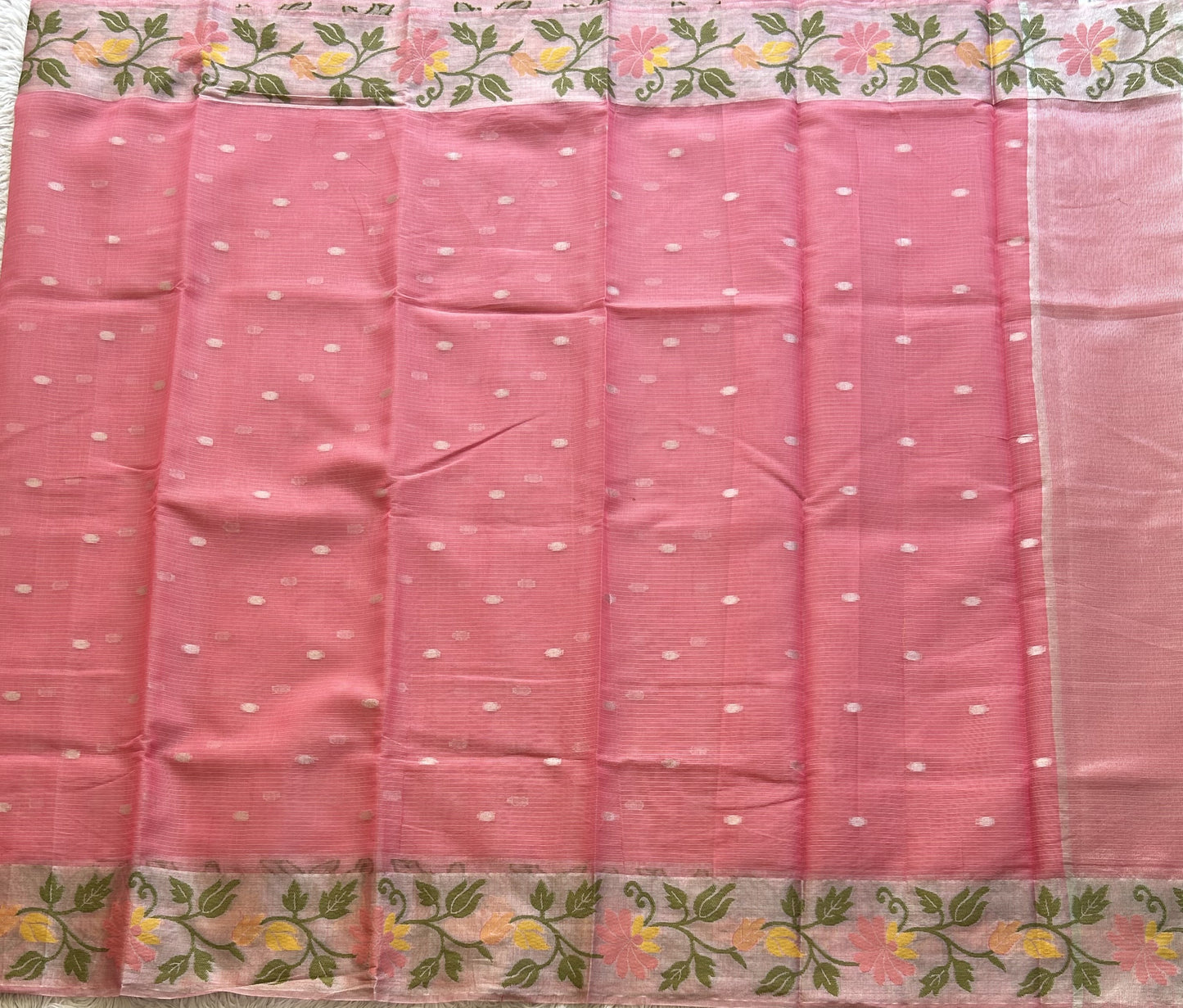 Silk Kota Saree Light Hot Pink Colored Elegantly Paired with a Tissue Border