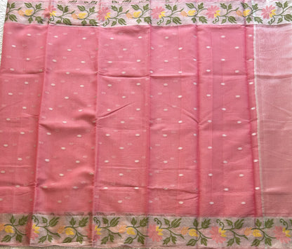 Silk Kota Saree Light Hot Pink Colored Elegantly Paired with a Tissue Border