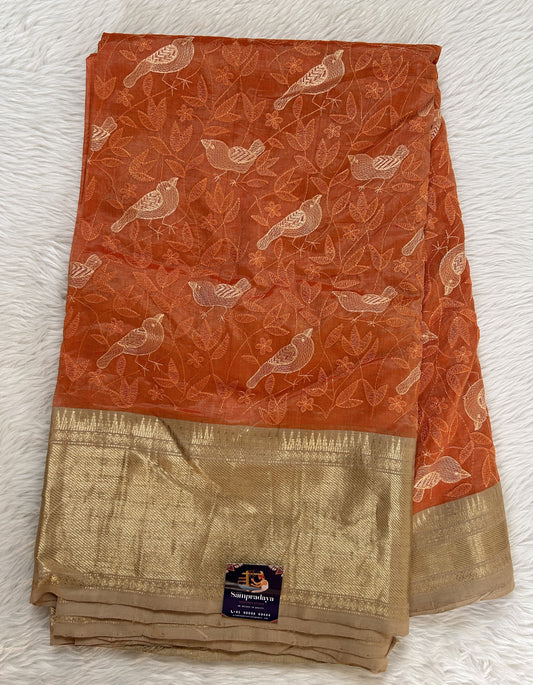 Mangalagiri Chikankari Saree Orange colored Saree complemented with a Gold Mangalagiri Border. - Sampradaya Designer Studio