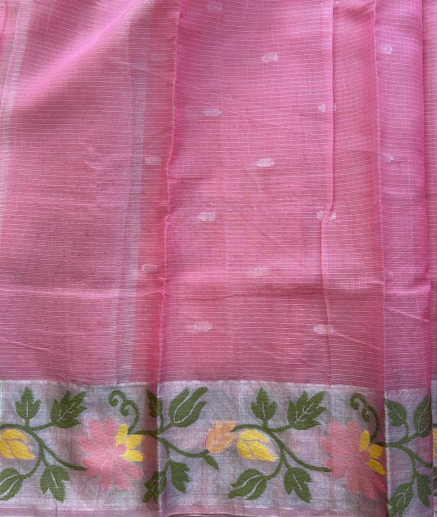 Silk Kota Saree Light Hot Pink Colored Elegantly Paired with a Tissue Border