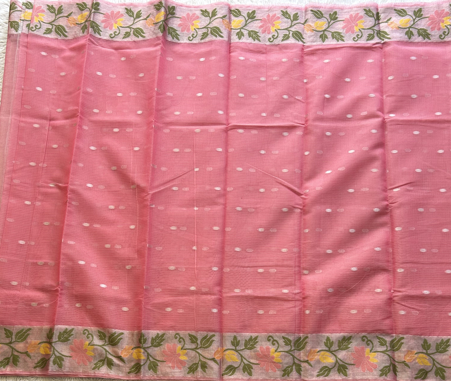 Silk Kota Saree Light Hot Pink Colored Elegantly Paired with a Tissue Border