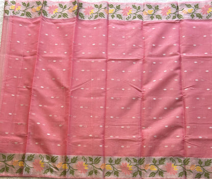 Silk Kota Saree Light Hot Pink Colored Elegantly Paired with a Tissue Border