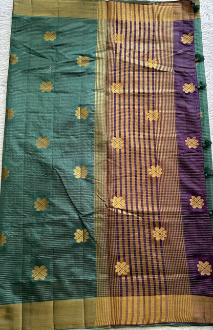 Semi Tussar Saree Bottle Green Colored Complemented with a Zari Border. - Sampradaya Designer Studio