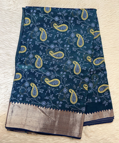 Mangalagiri Chikankari Saree Blue Green colored Saree complemented with a Mangalagiri Border. - Sampradaya Designer Studio