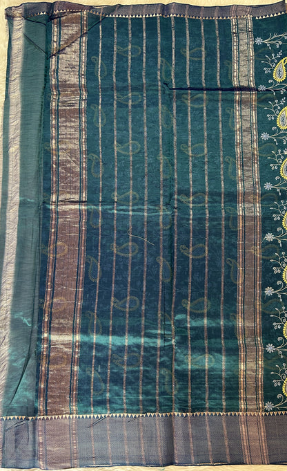 Mangalagiri Chikankari Saree Blue Green colored Saree complemented with a Mangalagiri Border. - Sampradaya Designer Studio