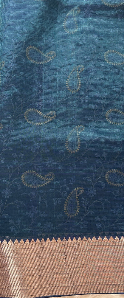 Mangalagiri Chikankari Saree Blue Green colored Saree complemented with a Mangalagiri Border. - Sampradaya Designer Studio