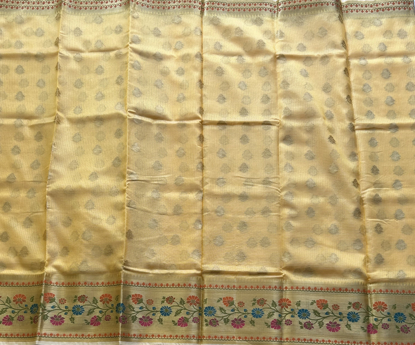 Tissue Kota Saree Honey Yellow Colored Elegantly Paired with a Tissue Border