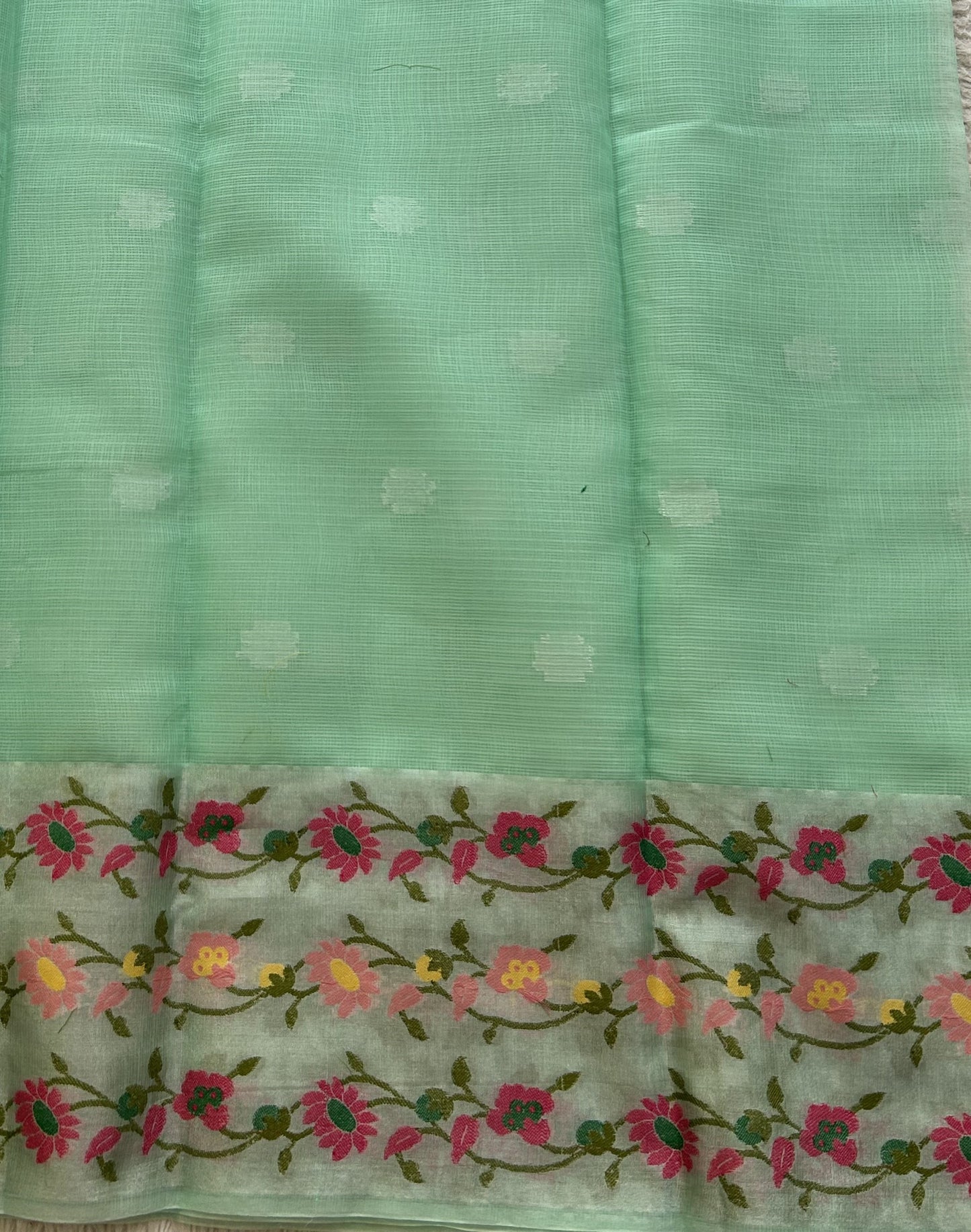 Silk Kota Saree Lagoon Colored Elegantly Paired with a Tissue Border