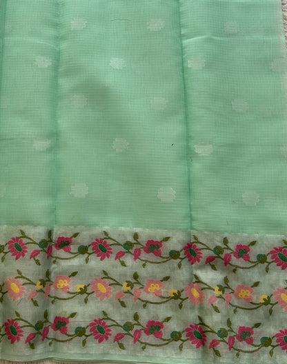 Silk Kota Saree Lagoon Colored Elegantly Paired with a Tissue Border