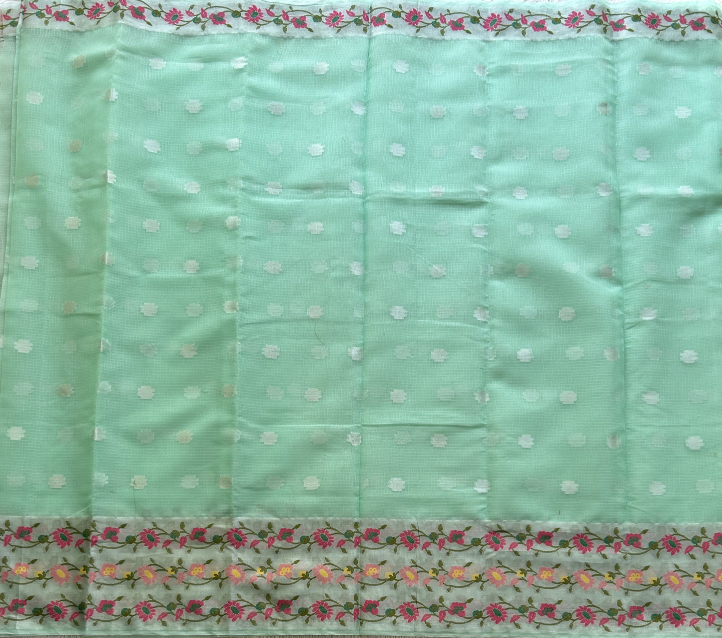 Silk Kota Saree Lagoon Colored Elegantly Paired with a Tissue Border