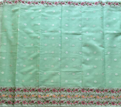 Silk Kota Saree Lagoon Colored Elegantly Paired with a Tissue Border