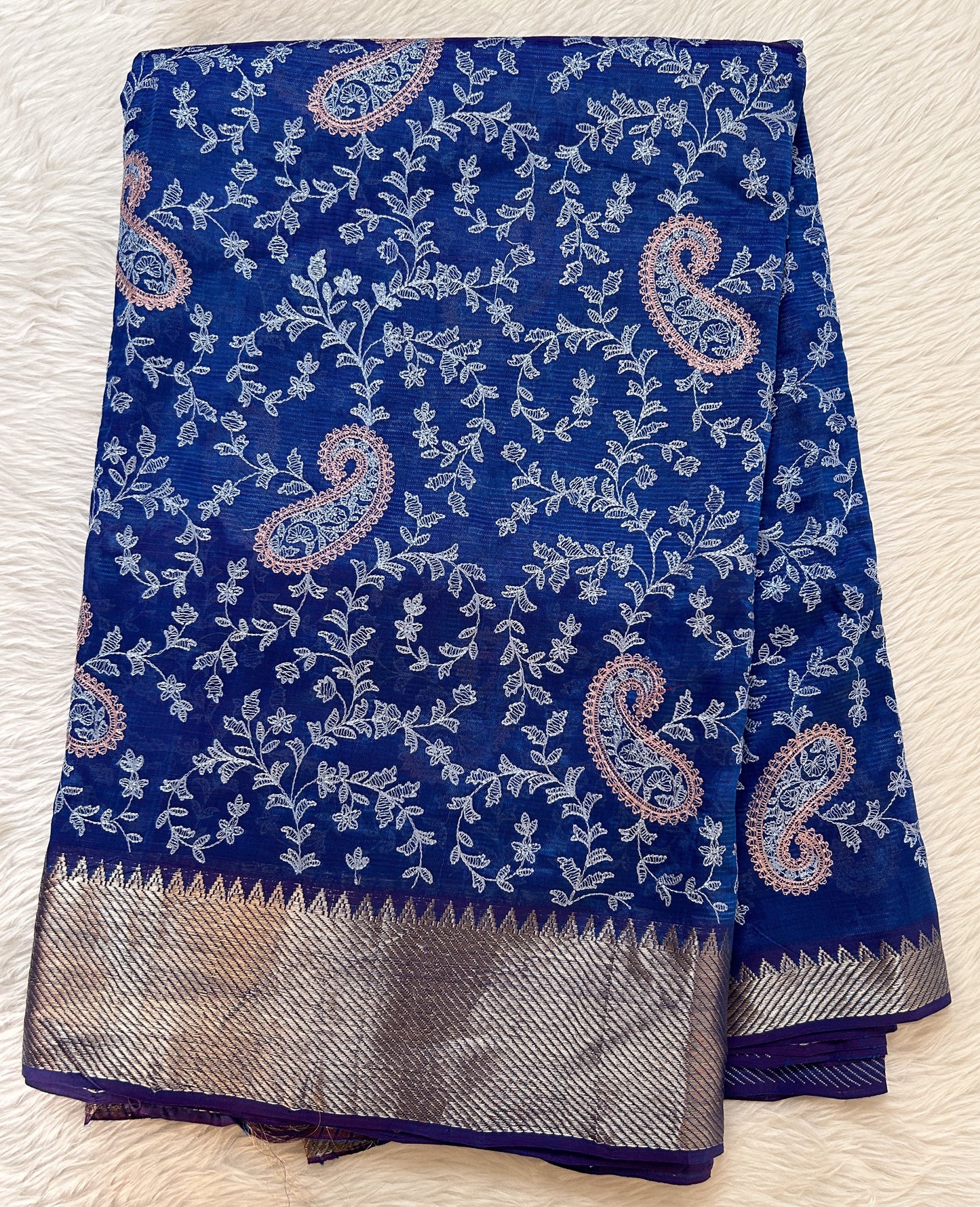 Mangalagiri Chikankari Saree Peacock Blue colored Saree complemented with a Gold Mangalagiri Border. - Sampradaya Designer Studio