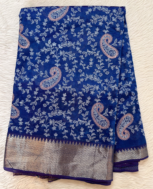 Mangalagiri Chikankari Saree Peacock Blue colored Saree complemented with a Gold Mangalagiri Border. - Sampradaya Designer Studio