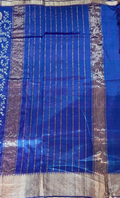 Mangalagiri Chikankari Saree Peacock Blue colored Saree complemented with a Gold Mangalagiri Border. - Sampradaya Designer Studio