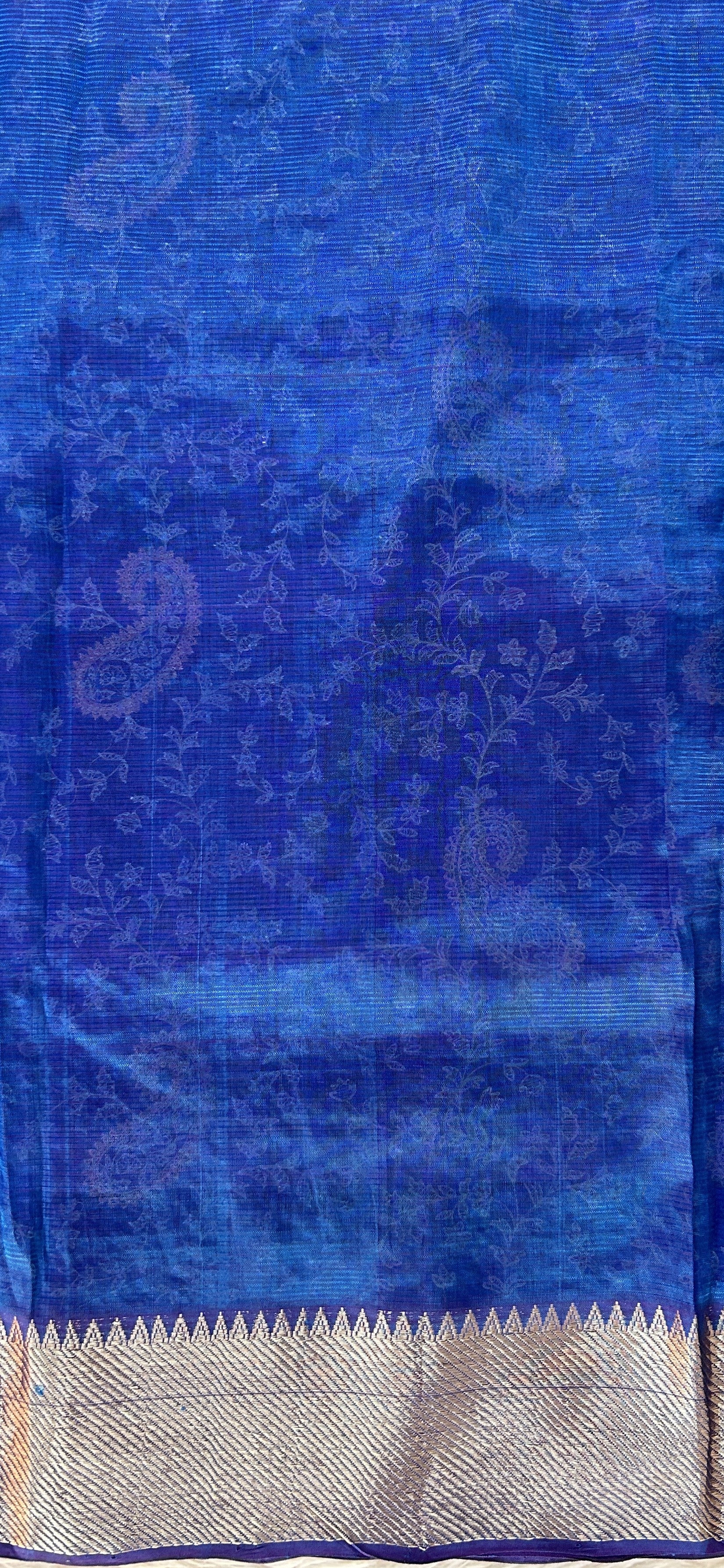 Mangalagiri Chikankari Saree Peacock Blue colored Saree complemented with a Gold Mangalagiri Border. - Sampradaya Designer Studio