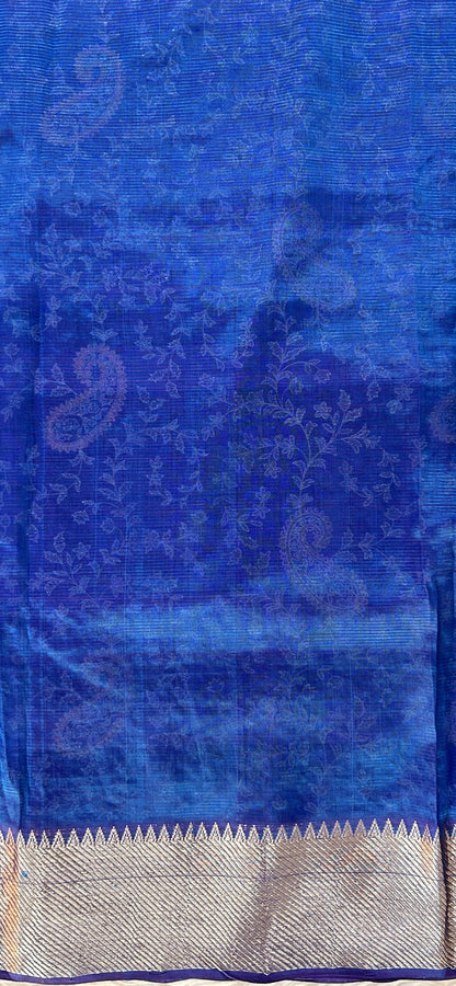 Mangalagiri Chikankari Saree Peacock Blue colored Saree complemented with a Gold Mangalagiri Border. - Sampradaya Designer Studio