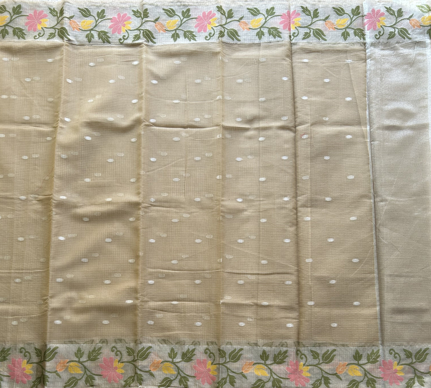 Silk Kota Saree Cream Colored Elegantly Paired with a Tissue Border